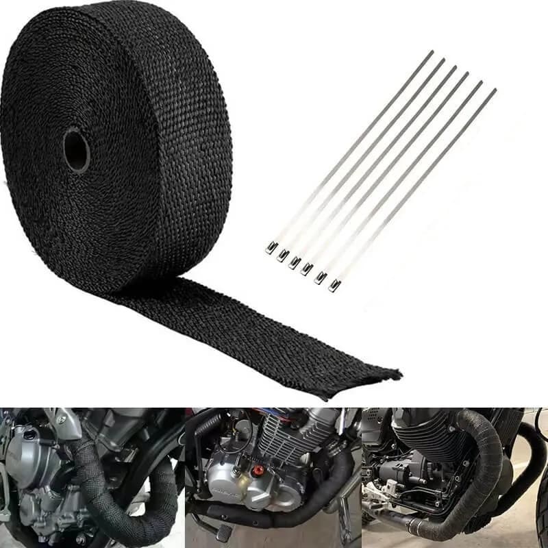 Fita Térmica P/ Escape Moto Carro - 10m + 6 Abraçadeiras Preto