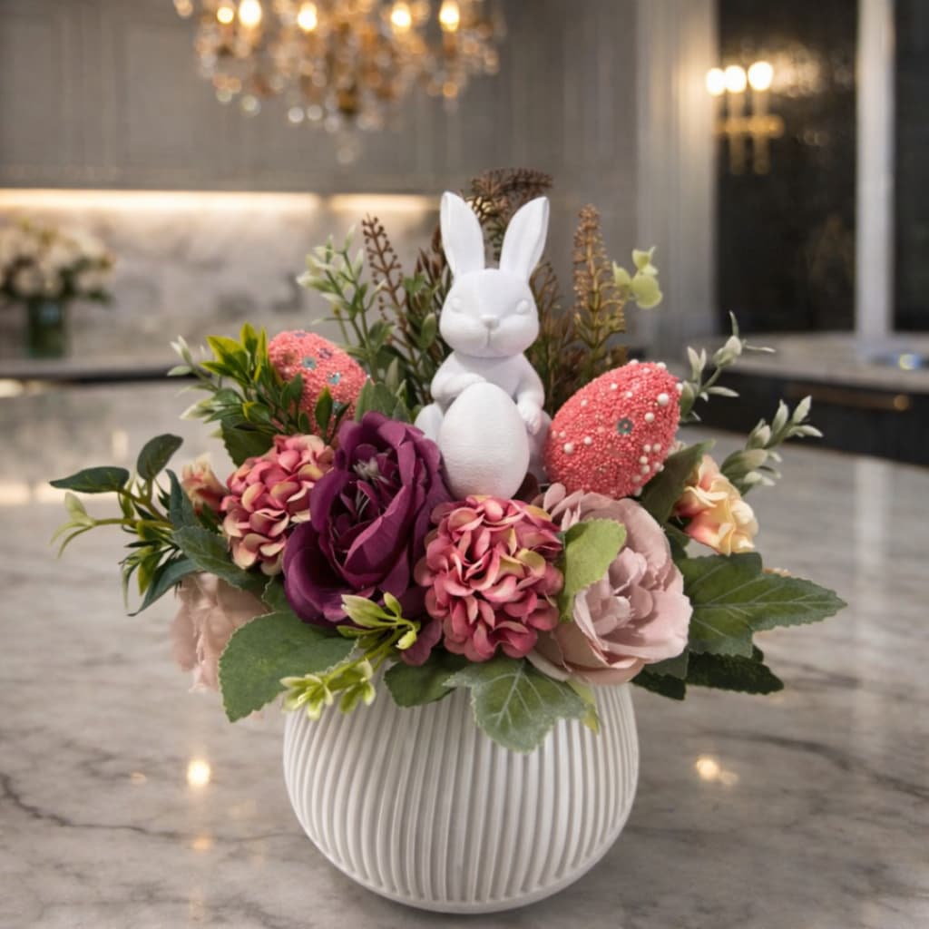 Arranjo de Páscoa Decorativo com Coelho e Flores Artificiais | Centro de Mesa | Presente de Páscoa