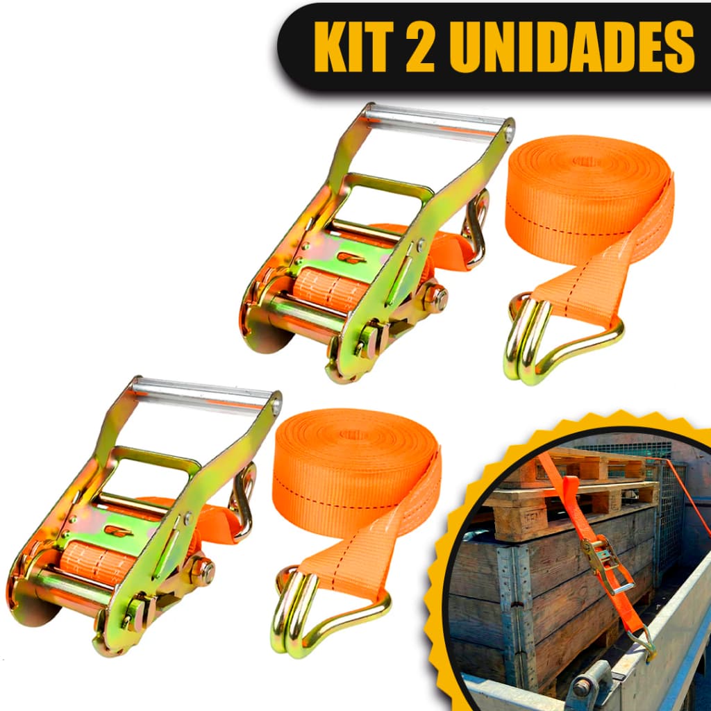 2x Kit Cinta de Amarração com Catraca 1.5 Ton 4.5 Metros 35mm Brava Adventure Carga Caminhão 100% Políester