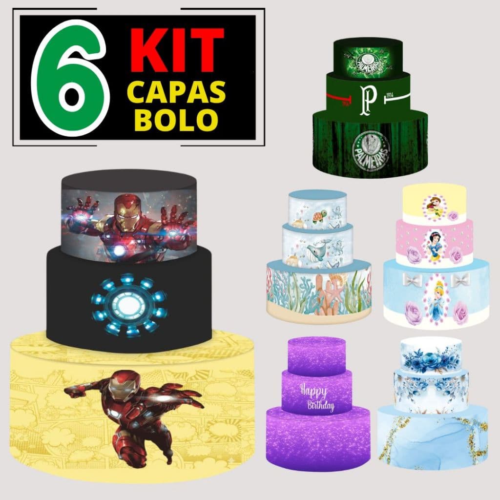 Kit 6 Capas para Bolo Fake Sublimada Estampada Aniversário Festa Trio de Tecido Personalizado Veste Fácil