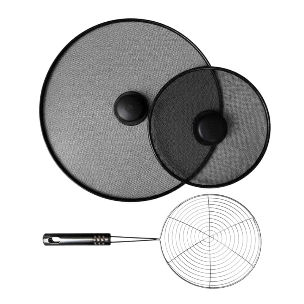 Kit Tampa Protetora para fritura Anti Respingo Grande e Pequena e Escumadeira em Inox Aramado