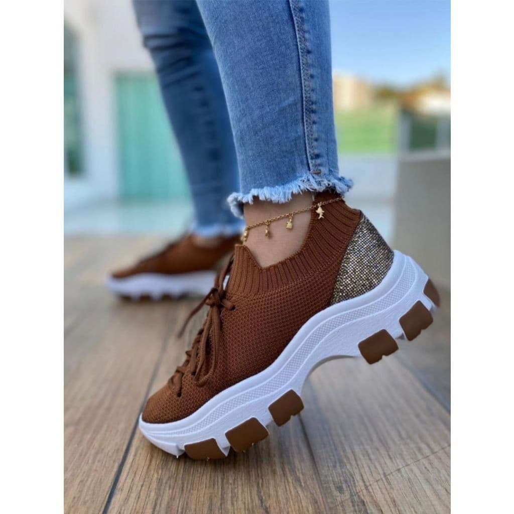 Tênis Feminino Meia Plataforma Confortável Com Cadarço