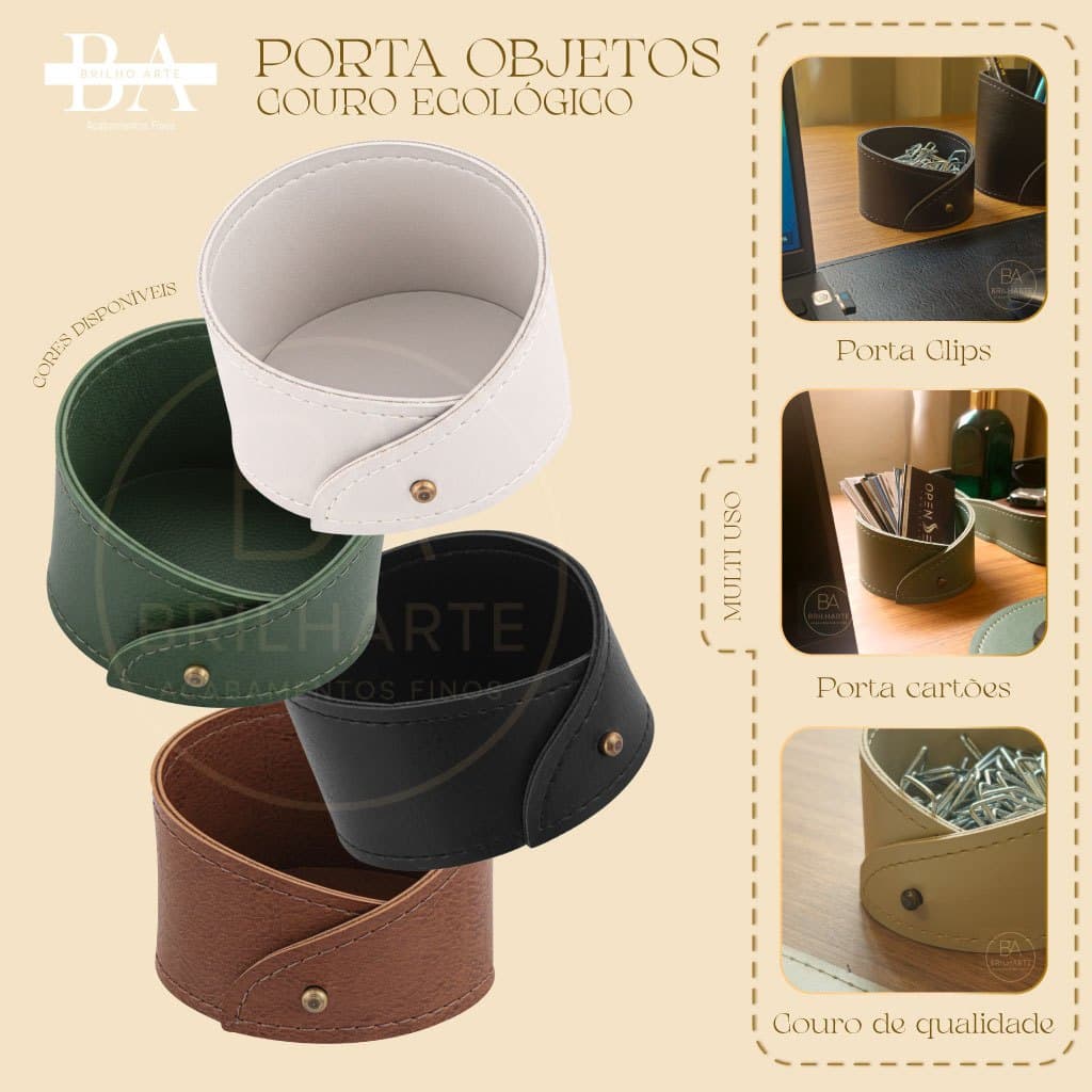 Porta Clips Couro Ecológico Organizador de Mesa Escritório Clean – Brilharte