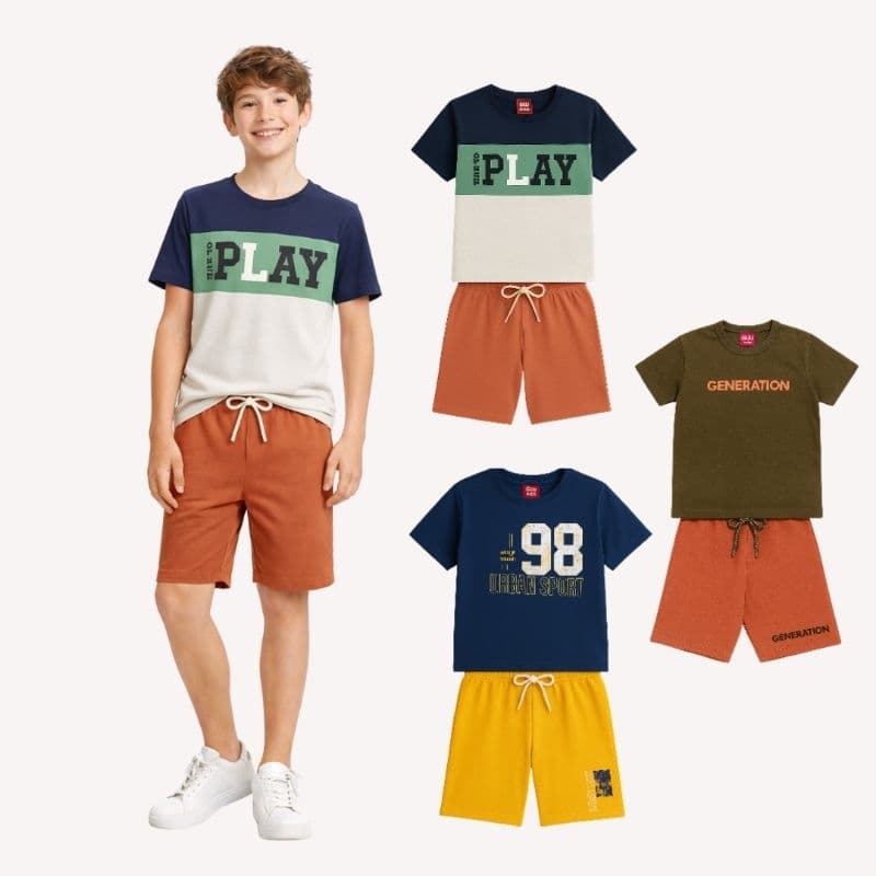 Kit 6 Peças de Roupa Menino Verão - Conjunto Juvenil Masculino - 3 Camisetas e 3 Bermudas
