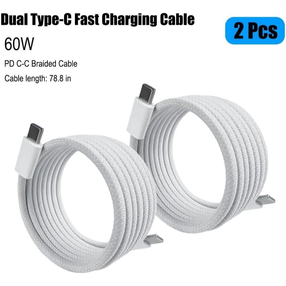 kit 2 cabos Tipo C-Tipo C 60W Trançado Branco 1,5 m para iphone android e outros