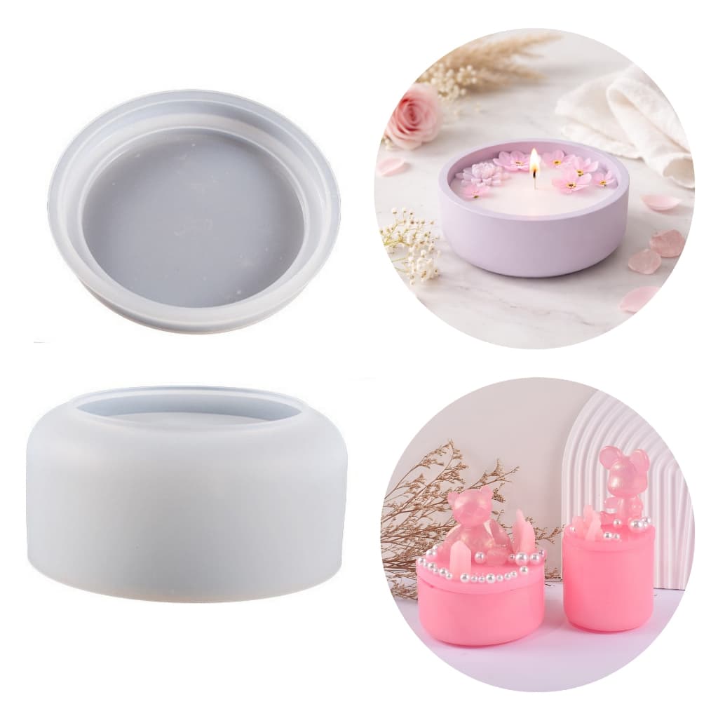 Molde de Silicone Pote Baixo com Tampa -Ideal para Velas Aromáticas Gesso e Resina Alta Durabilidade