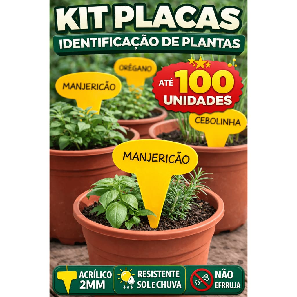 Kit Placas Identificação Plantas Acrílico Amarelo 2mm Jardim Horta Vaso Resistente 10 a 100 Unidades