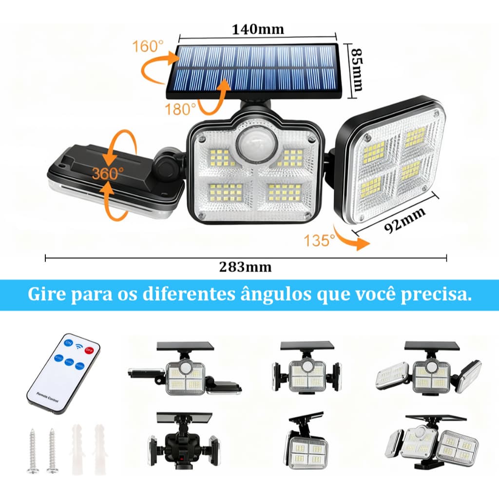 Led 3 Luminária Solar com Sensor De Movimento Refletor182 Leds com Espigão Gramado Parede Muro