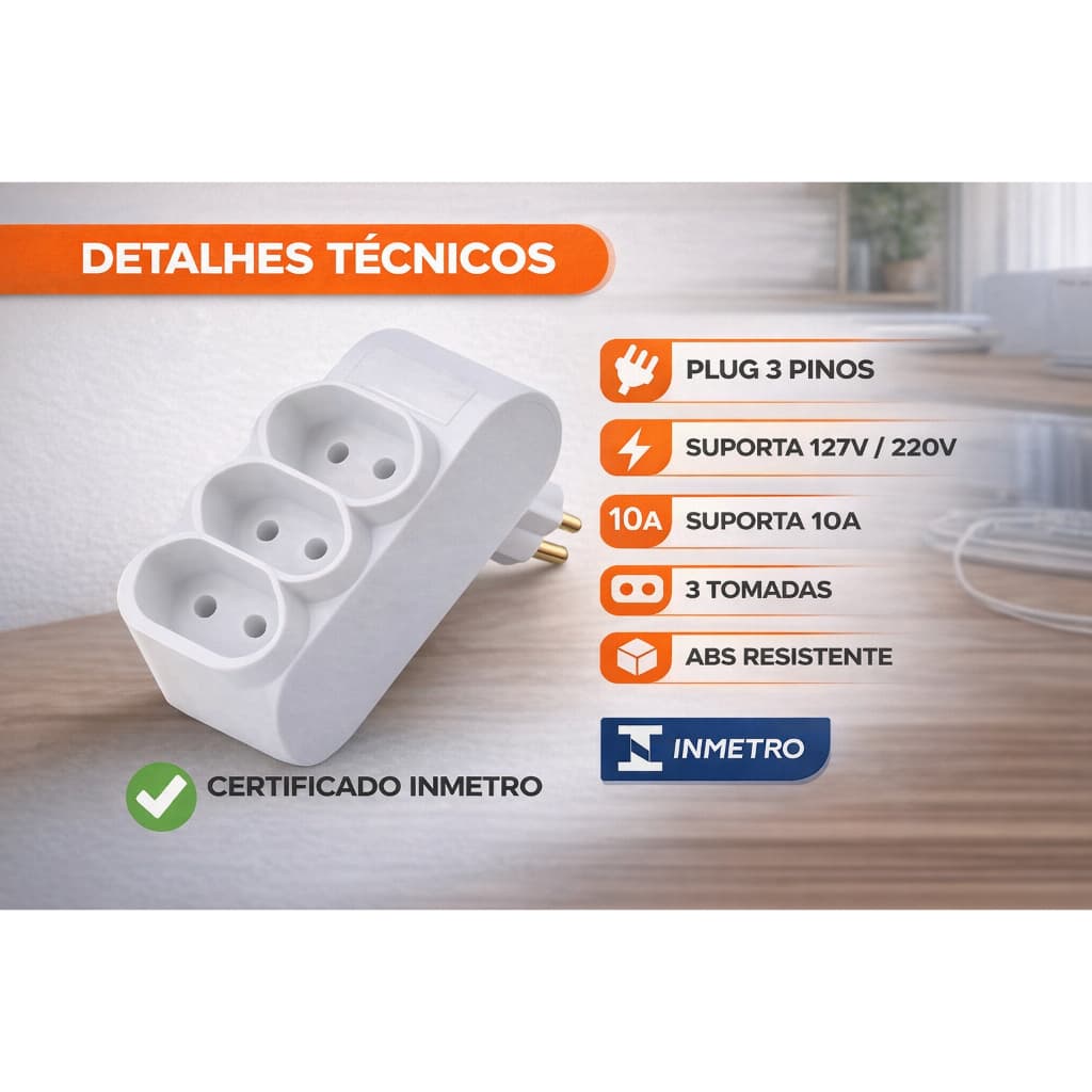 Pino Adaptador Benjamin De Tomada 3 Saidas 2 Polos + Terra 10a 250v