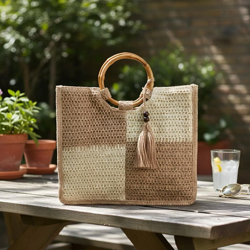 Bolsa Feminina de Praia Palha com Alça Redonda de Bambu Verão