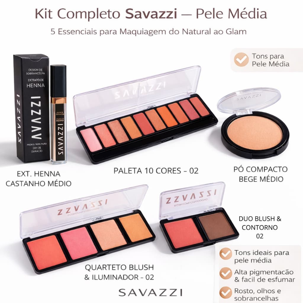 Kit Maquiagem Pele Média - 5 Itens Henna, Paleta Sombra, Pó Compacto, Blush, Contorno, Iluminador