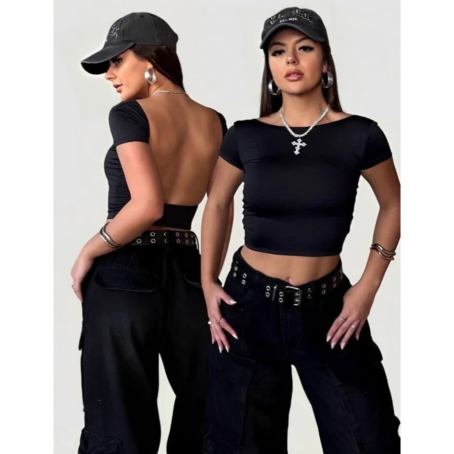 Cropped Feminino Baby Tee Costa Nua Ombro a Ombro em Suplex Duplo Básico