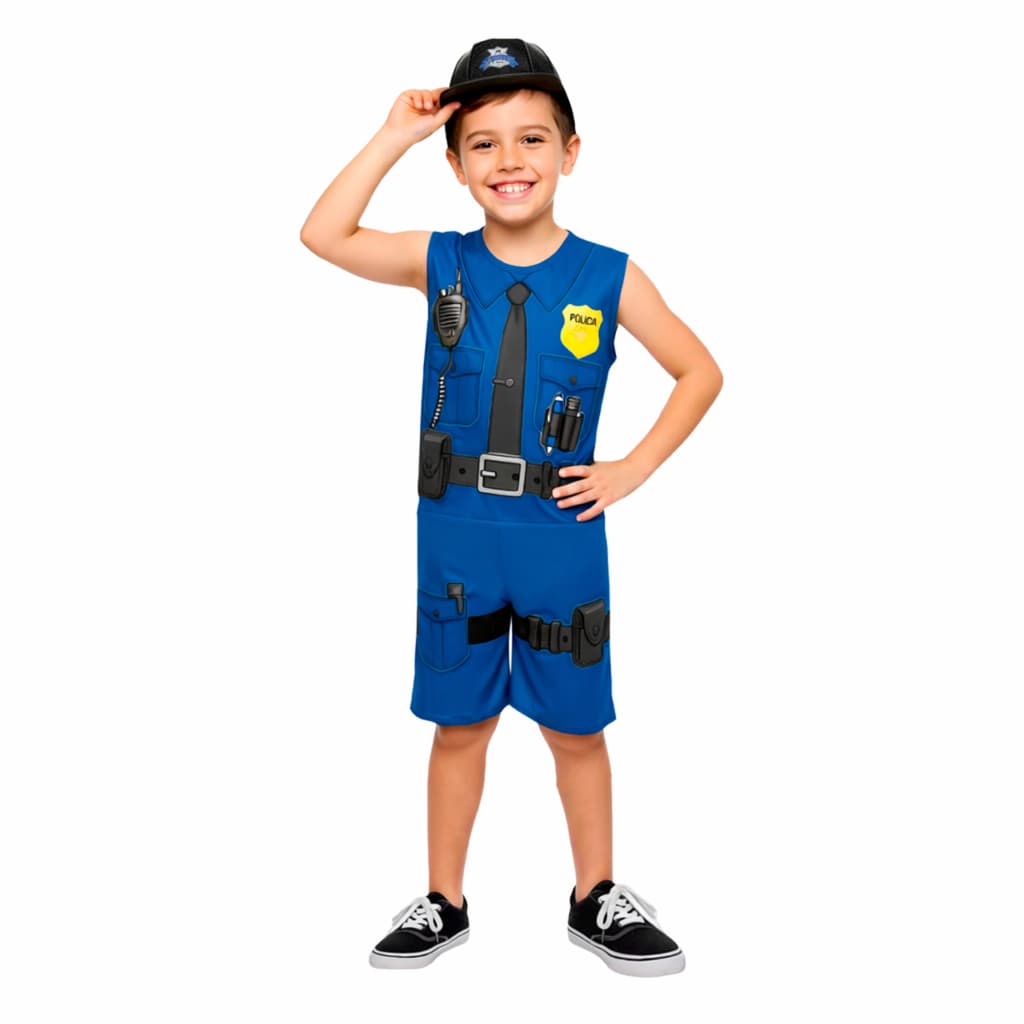Fantasia Policial Infantil Roupa + Capacete Menino - Carnaval Festa Aniversario Encanto e Magia