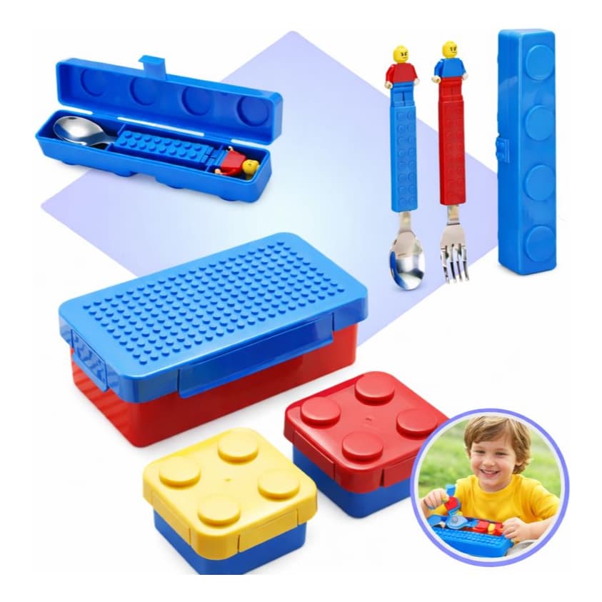 Conjunto Infantil Marmita Lancheira Lego E Talheres Montável Azul/vermelho Peça De Montar Colorido