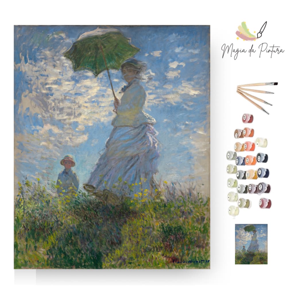 Kit Pintura Numerada 40x50cm Completo Mulher de Sombrinha VAN GOGH (Pintura famosa) – 24 Tintas Acrílicas + 3 Pincéis