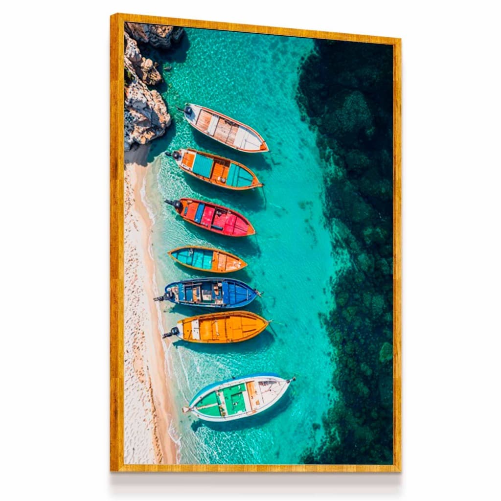 Quadro Decorativo Barcos Coloridos Mar Tropical Praia Vidro