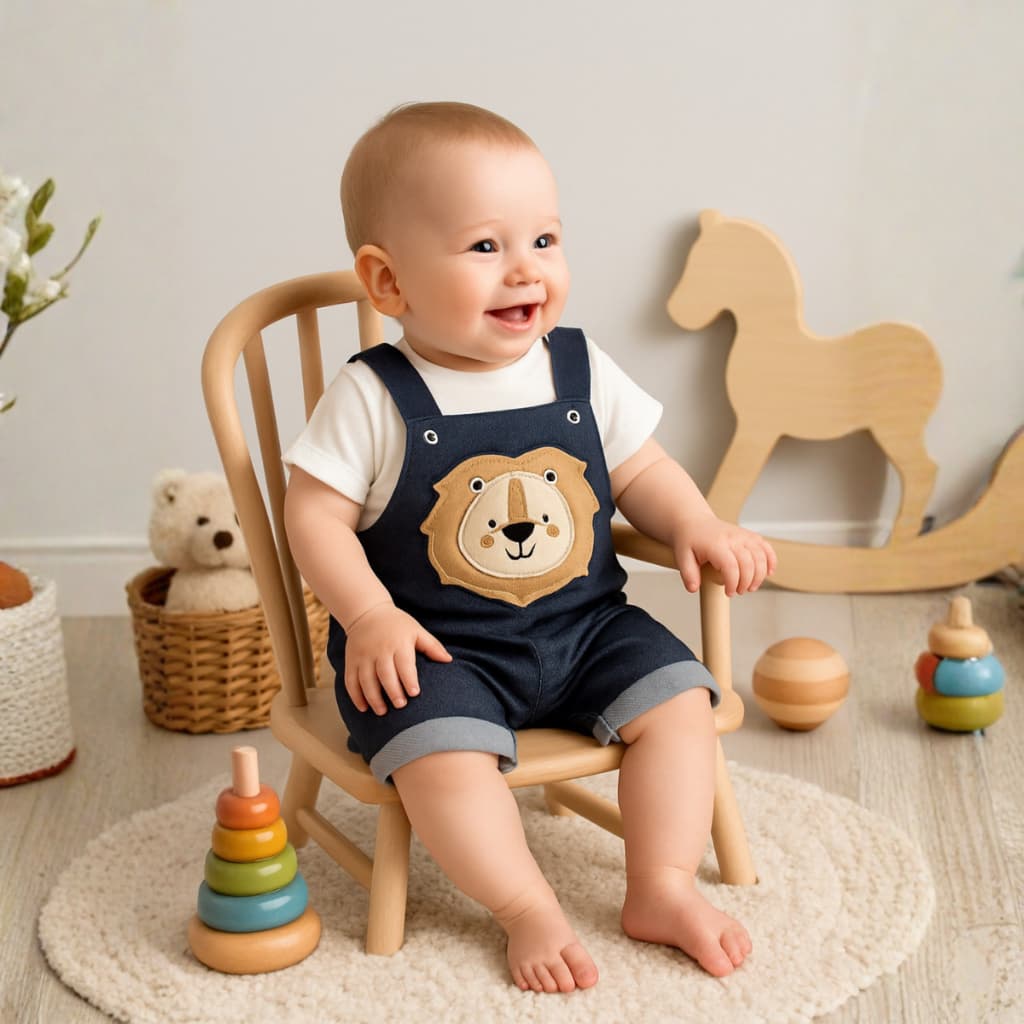 Conjunto Jardineira Bebê Menino em 2 Peças com Bordado Leão Conforto Estilo Verão