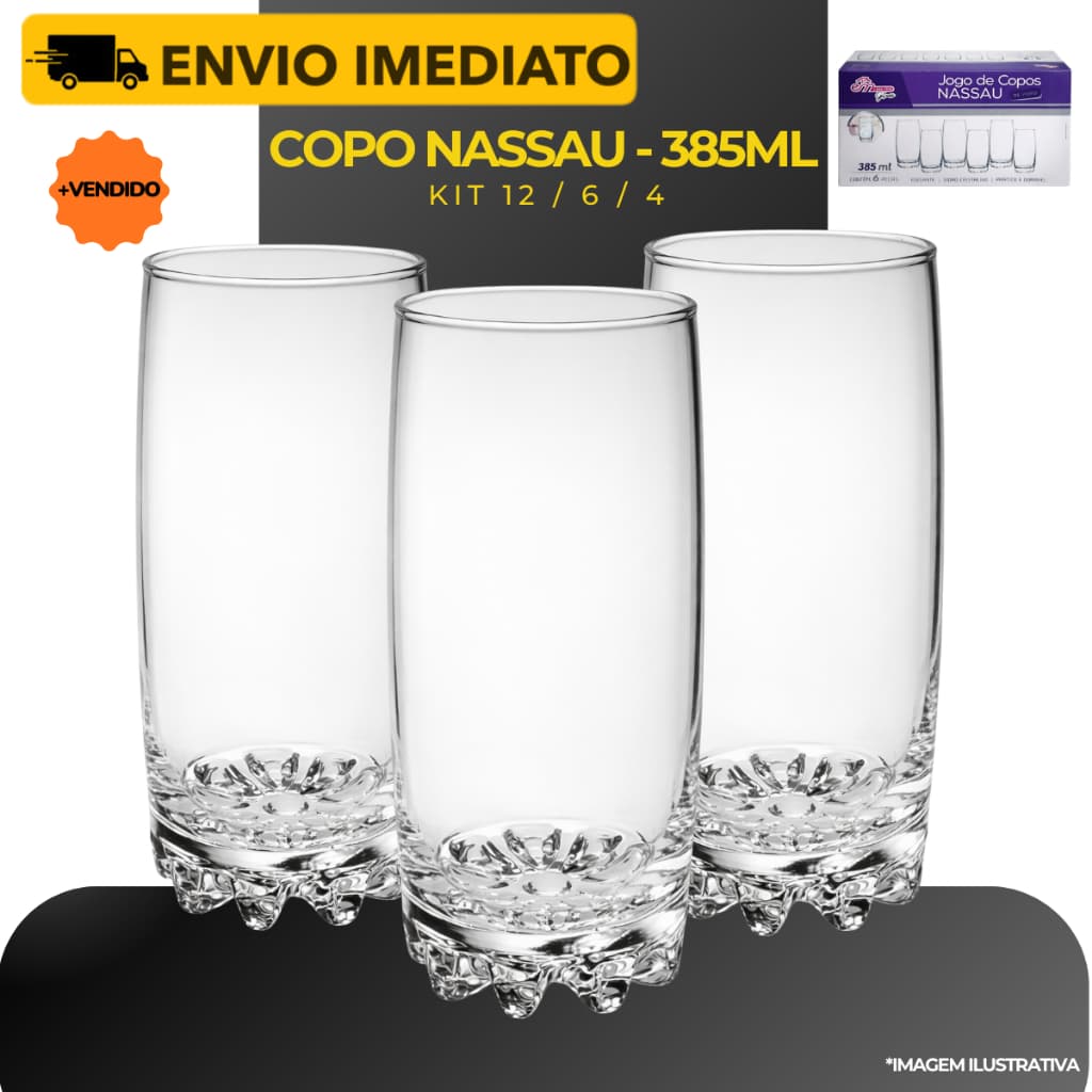 Jogo 12/6/4 Copos Multiuso Vidro Resistente Vitamina Suco Nassau 385ml - Em Casa Tem
