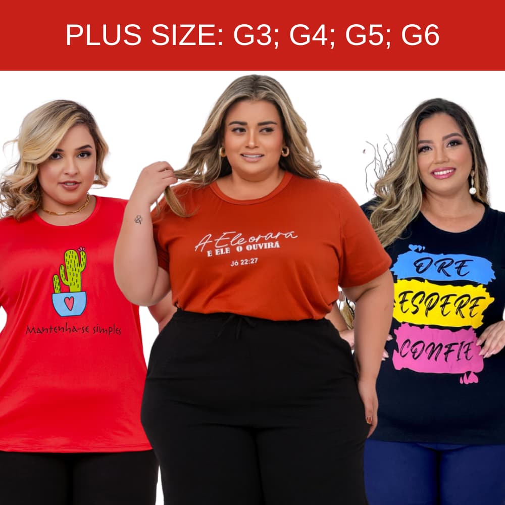 Kit 5 Camisetas Feminina Plus Size de Malha Com Desenhos e Frases.