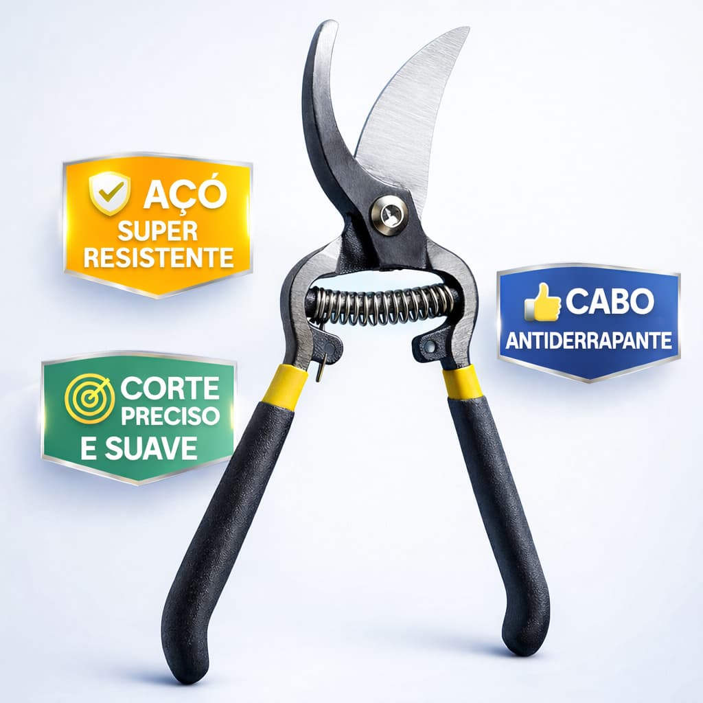 Tesoura de Poda 8" Mola e Cabo Emborrachado para Jardinagem Aço Resistente com Trava de Segurança