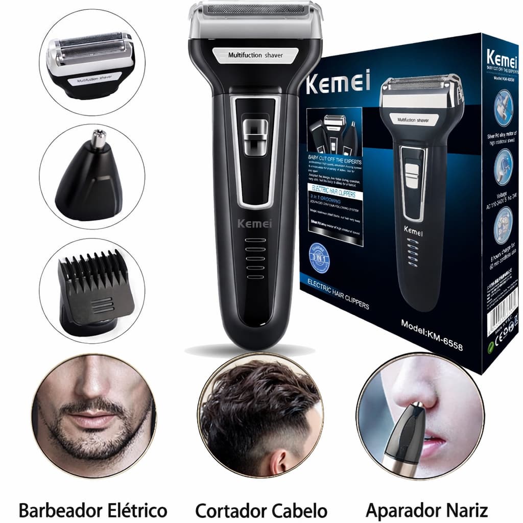 Aparador Profissional 3 em 1 Premium Barba Cabelo Nariz Recarregável Alta Qualidade Portátil Potente Suave Kemei KM6558