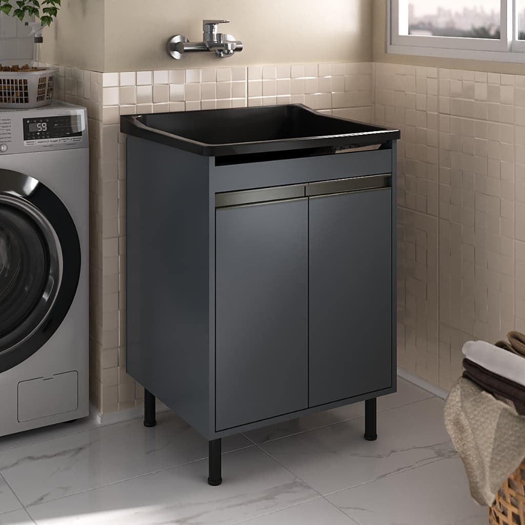 Tanque Prático 40L com Gabinete MDF 2 Portas e Esfregadeira | Ideal para Lavanderia