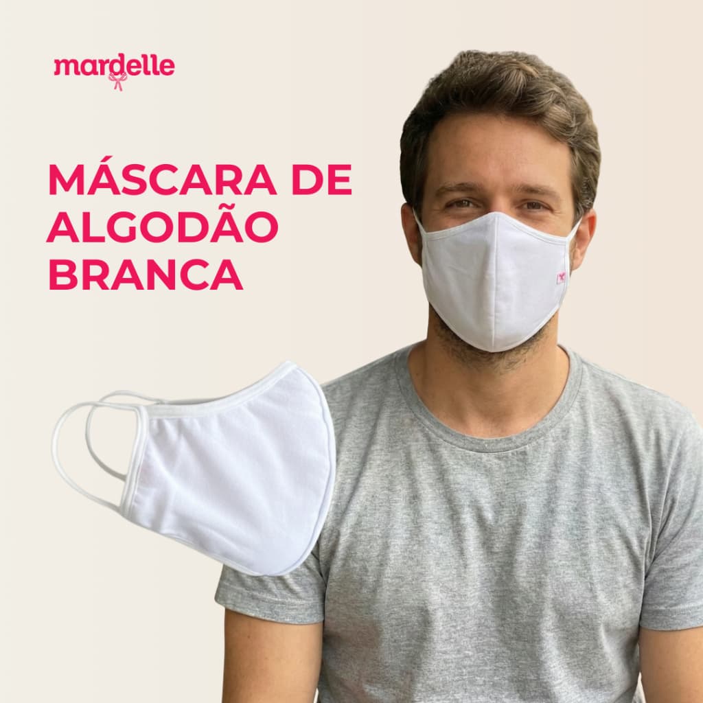 Máscara De Proteção Lavável Branca Em Algodão Tecido Duplo Reutilizável