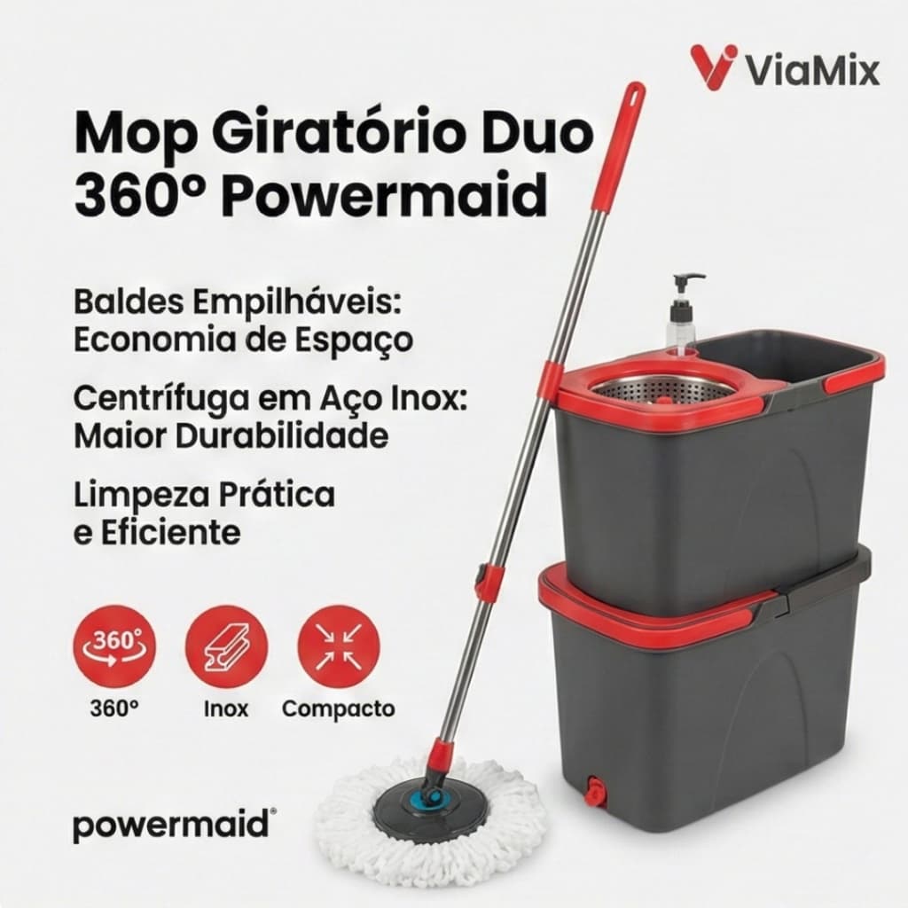 Mop Giratório Duo em Inox com Balde Cesto 13L e Esfregão 360 Cabo 1,25m Original Powermaid Limpeza