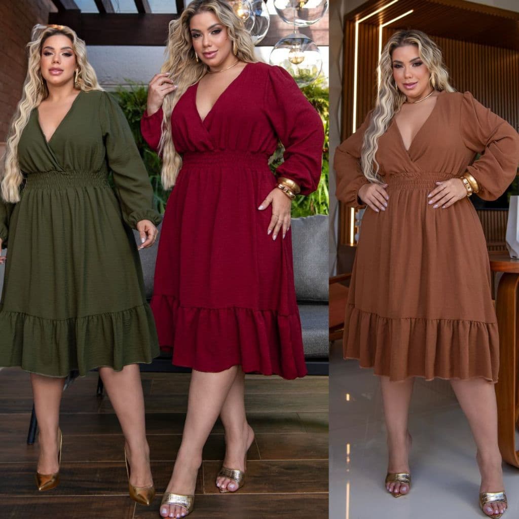 Vestido Plus Size Midi Soltinho com Decote V Manga Longa  Elegante e Confortável