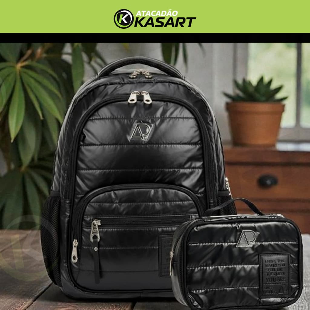 Mochila Escolar Feminina Preta e Furta Cor + Estojo Kit Juvenil