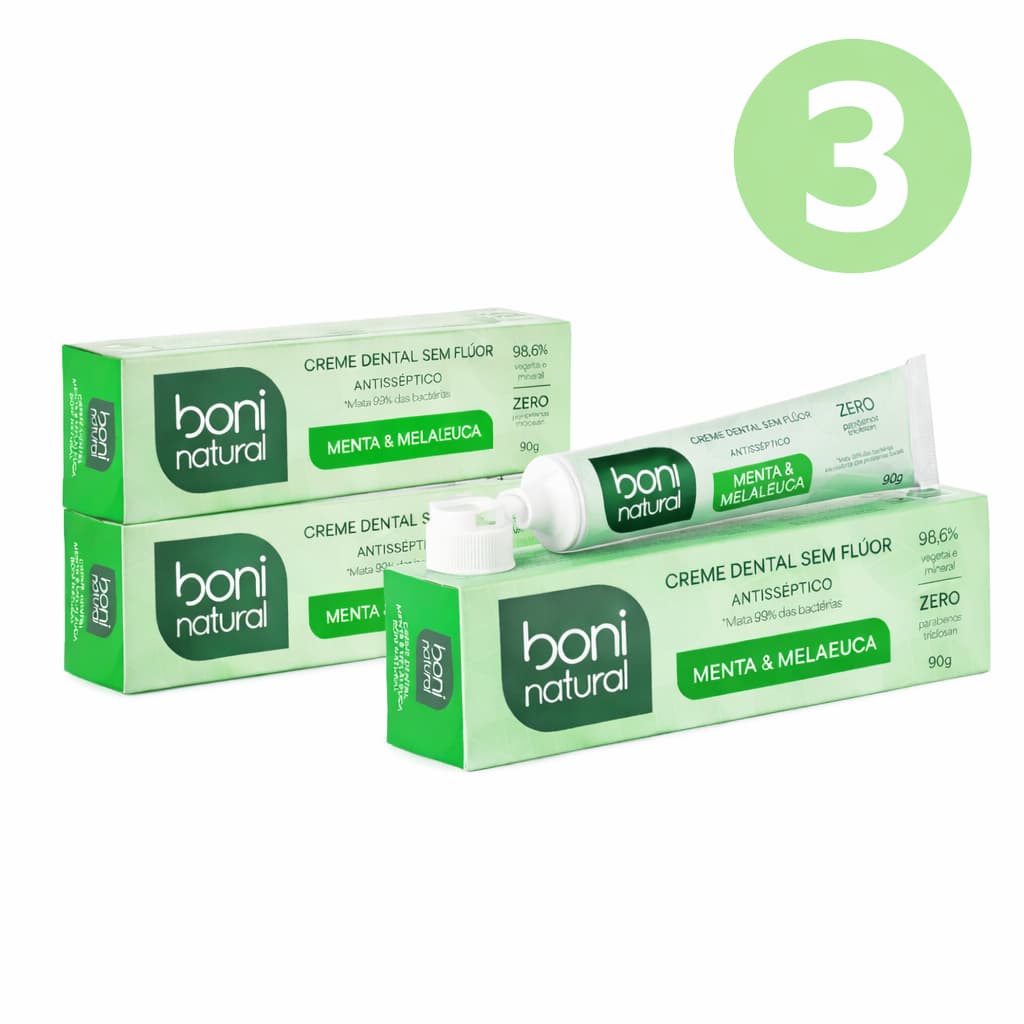 Kit 3 Creme Dental Boni Natural Menta e Melaleuca - Sem Flúor 90g
