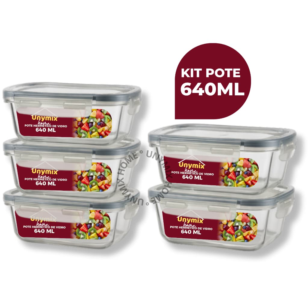Kit 5 ou 10 Potes Vidro Hermético 640ml Retangular Marmita Premium