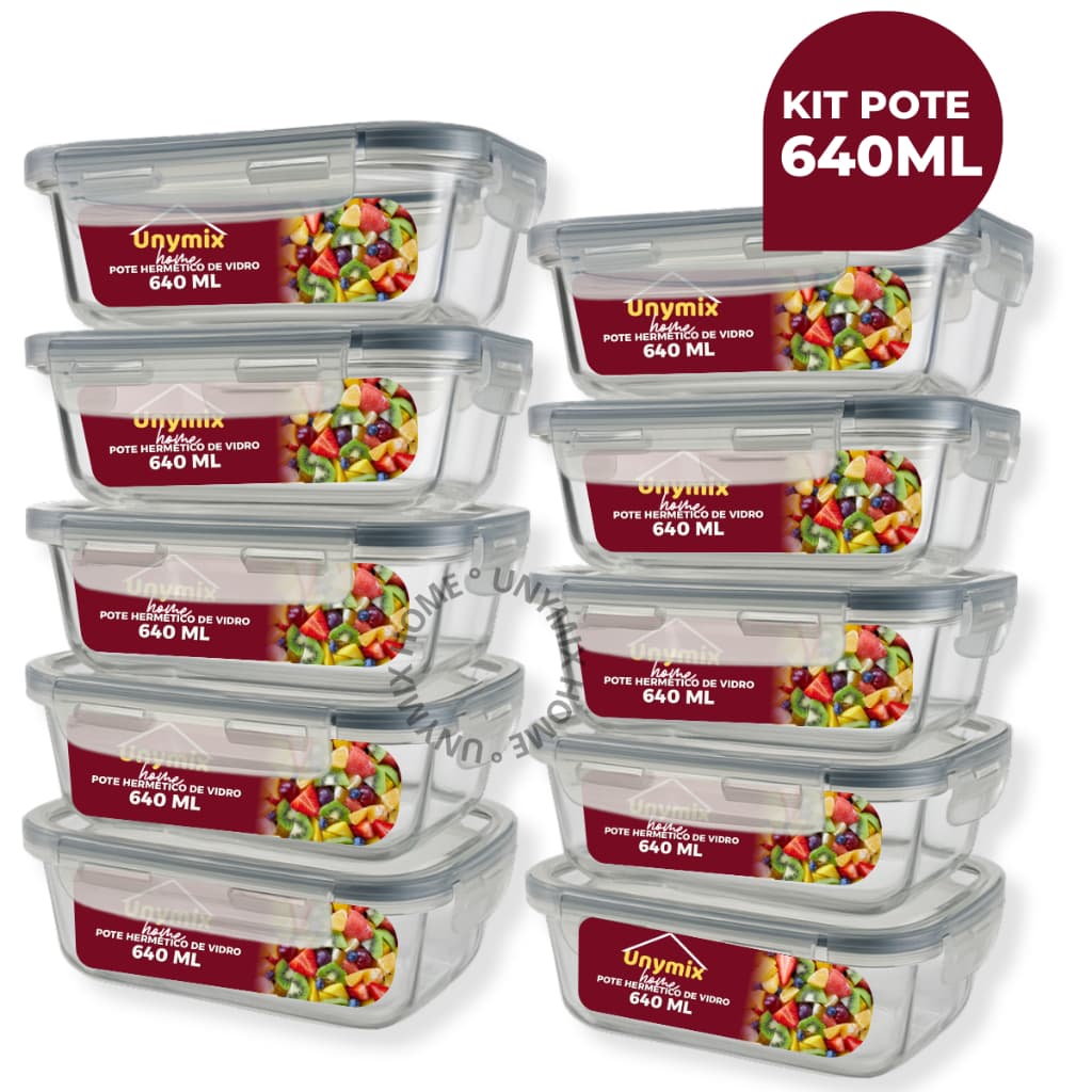 Kit 10 ou 5 Potes Vidro Hermético 640ml Retangular Marmita Premium