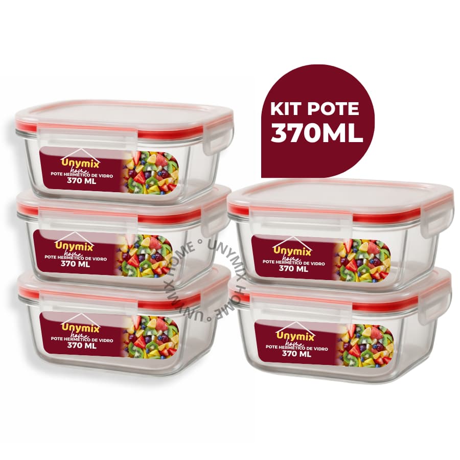 Kit 5 ou 10 Potes Vidro Hermético 370ml Retangular Marmita Premium