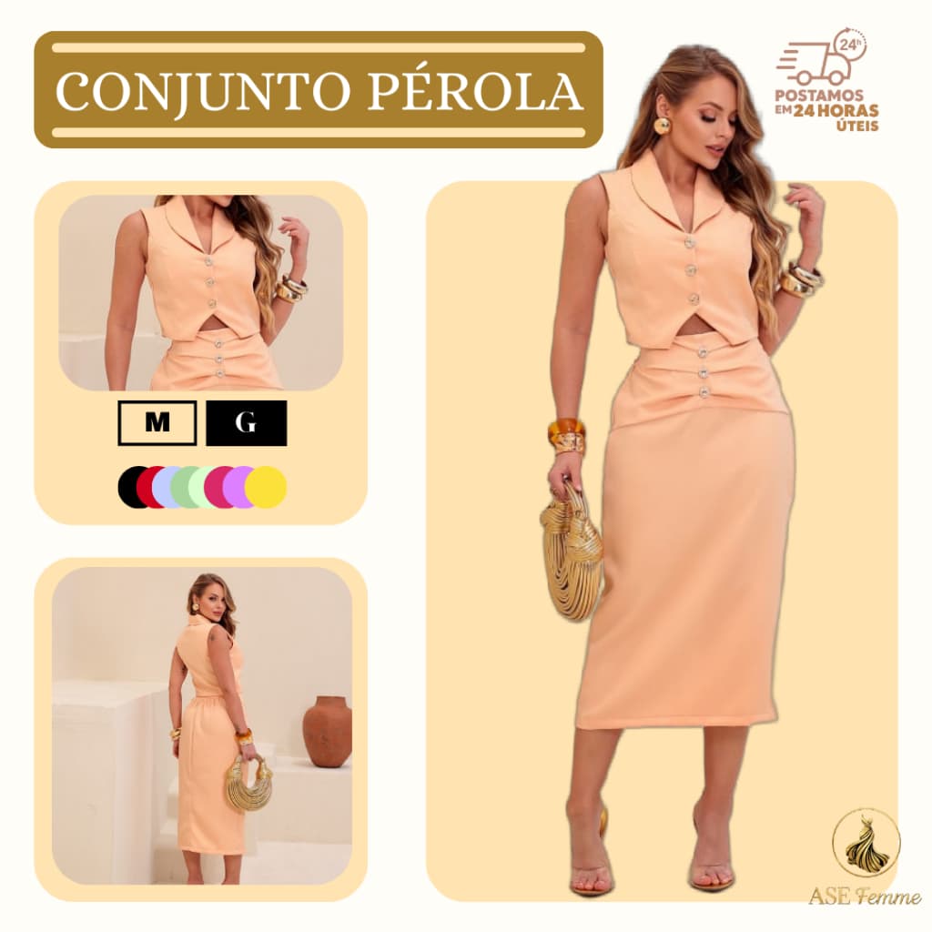 Conjunto Feminino Alfaiataria Elegante Colete Social com Botões Frontais e Saia Midi, Mãe Presente