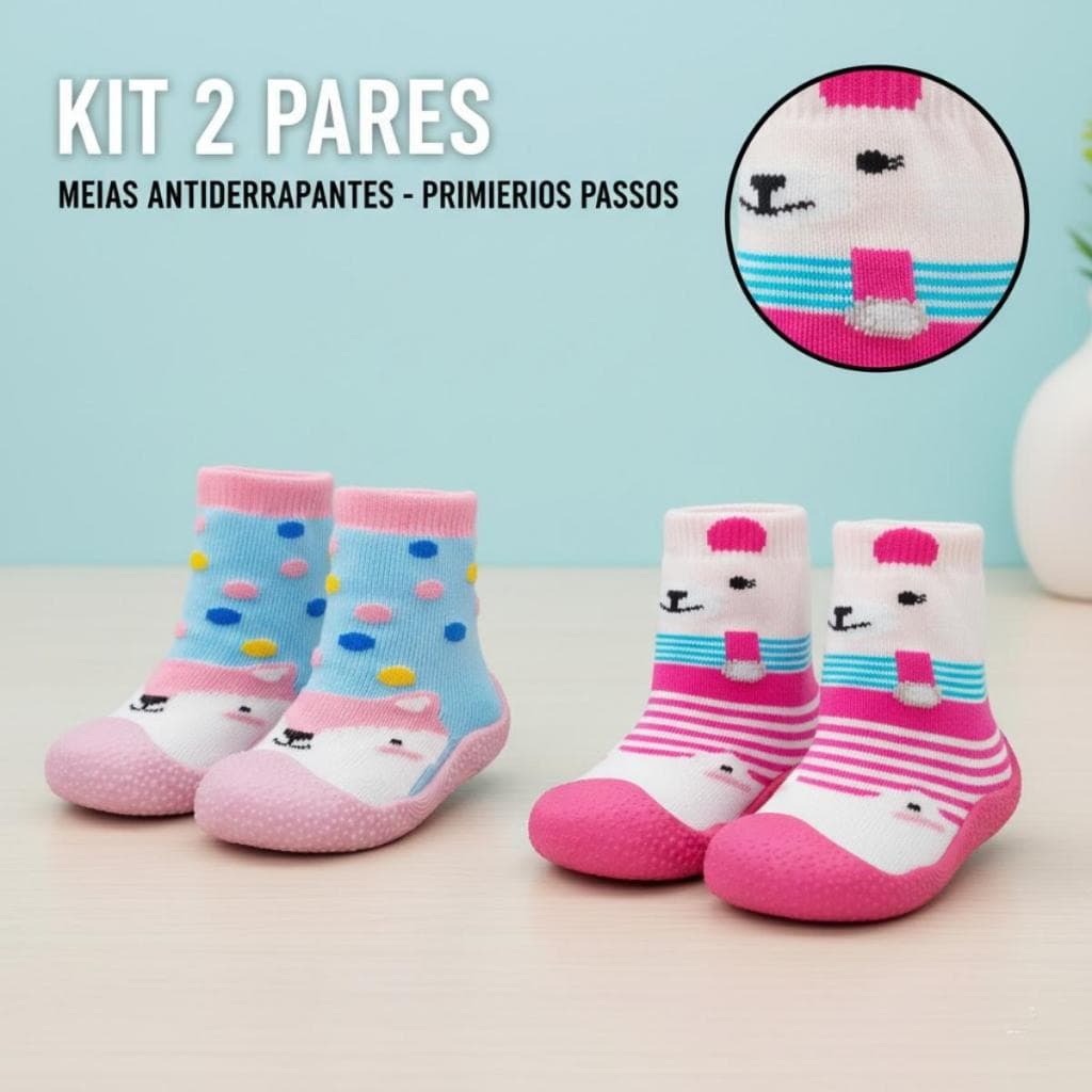 Kit com 2 Meias Sapatinhos Antiderrapante Para Bebes e Crianças Segurança Conforto Primeiros Passos