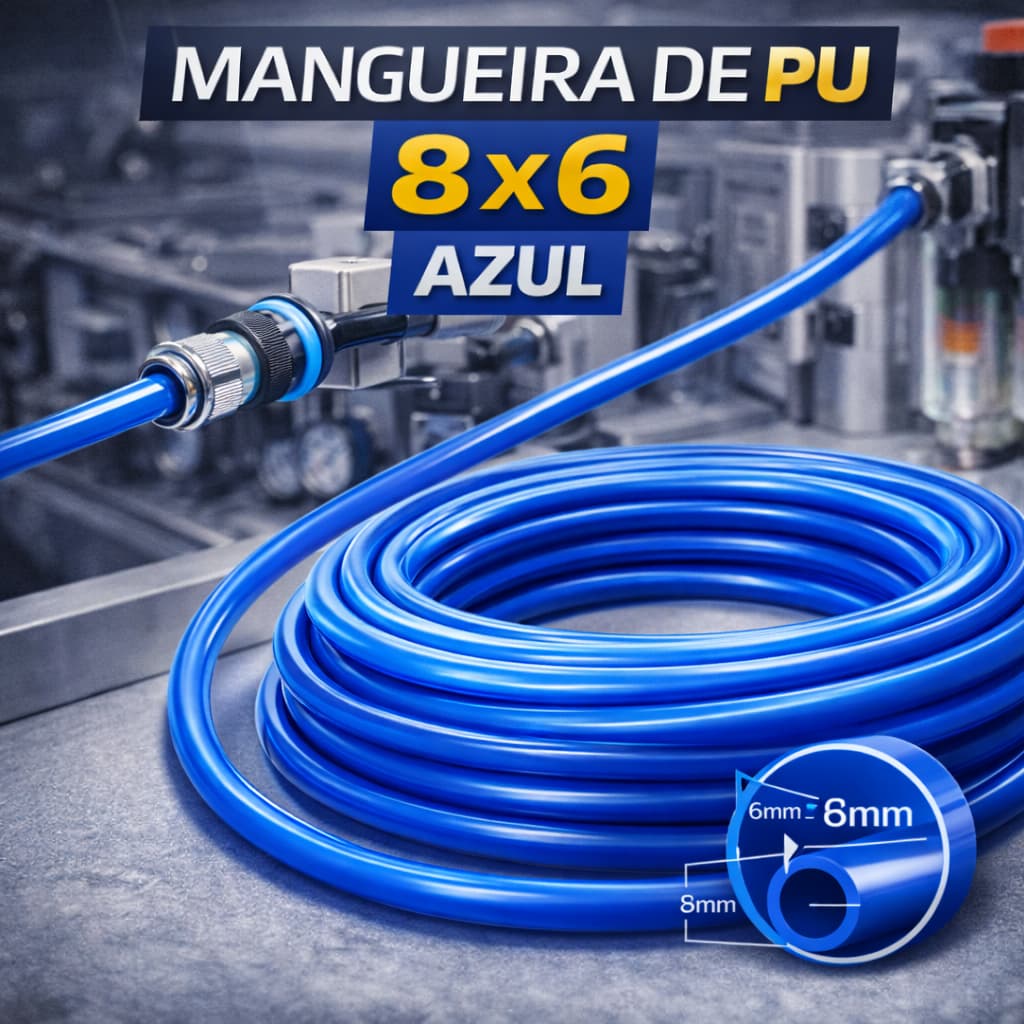 100 Metros Mangueira Flexível PU 8mm Azul – Uso Pneumático, Automotivo e Industrial