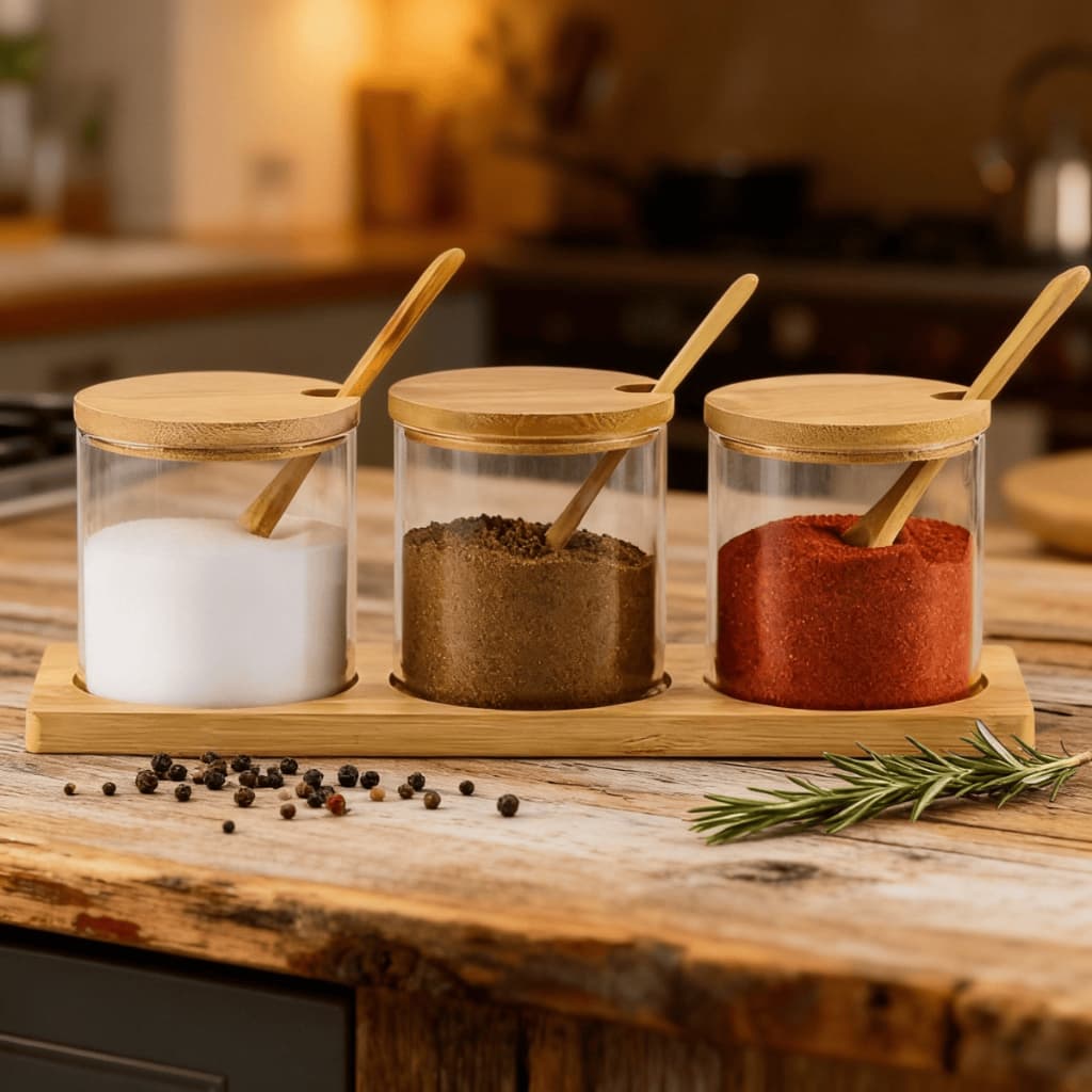 Kit 3 Potes Porta Temperos de Vidro com Tampa Base e Colheres de Bambu Organizador de Temperos