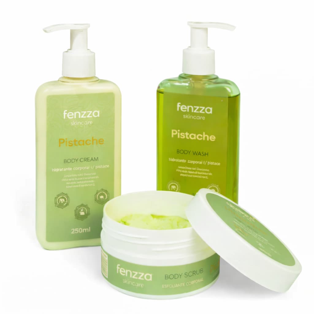 Kit Fenzza Skincare Pistache / Body Wash + Body Cream + Body Scrub / Pele Macia e Perfumada