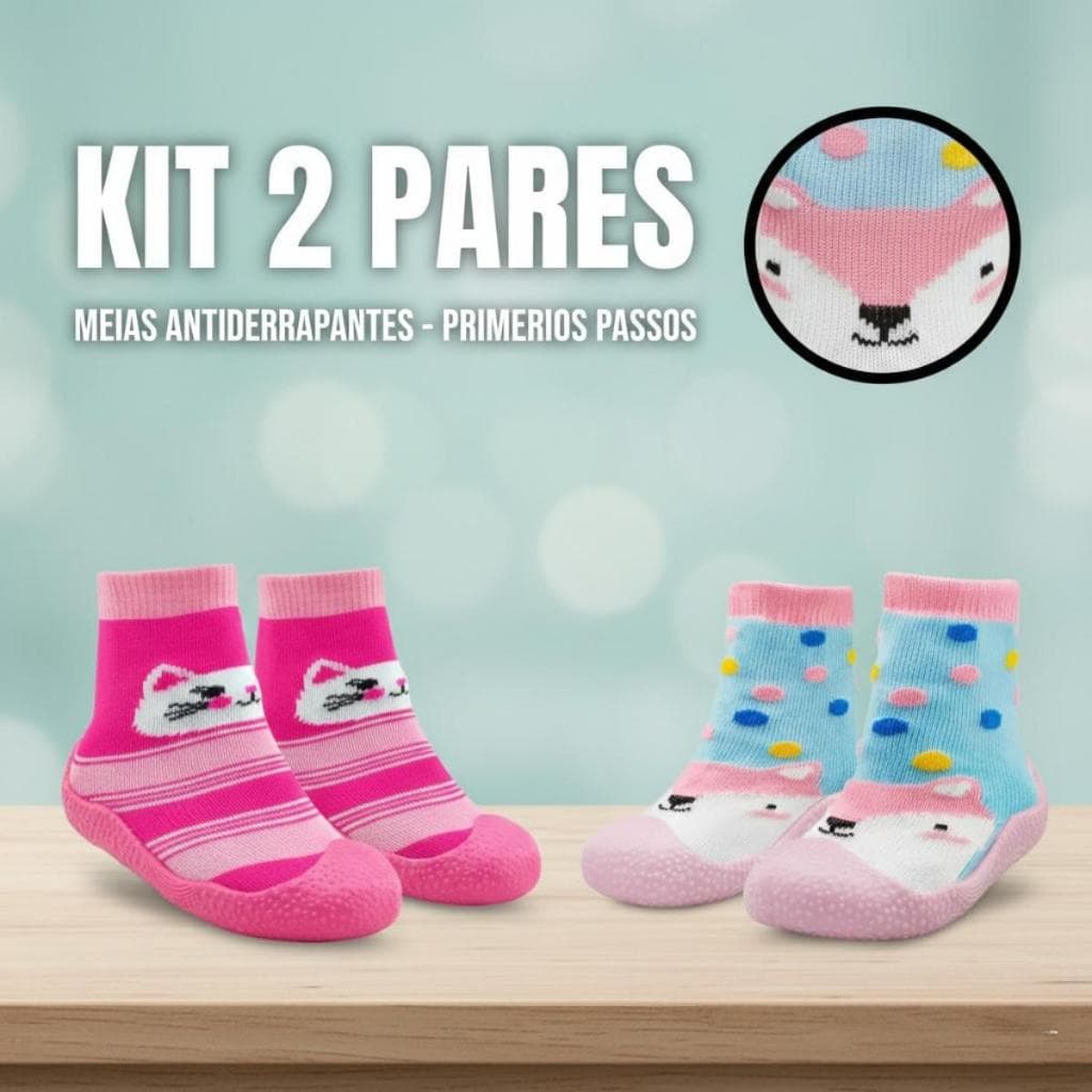Kit 2 Pares Meia Sapatinho Bebê Menina Antiderrapante Primeiros Passos
