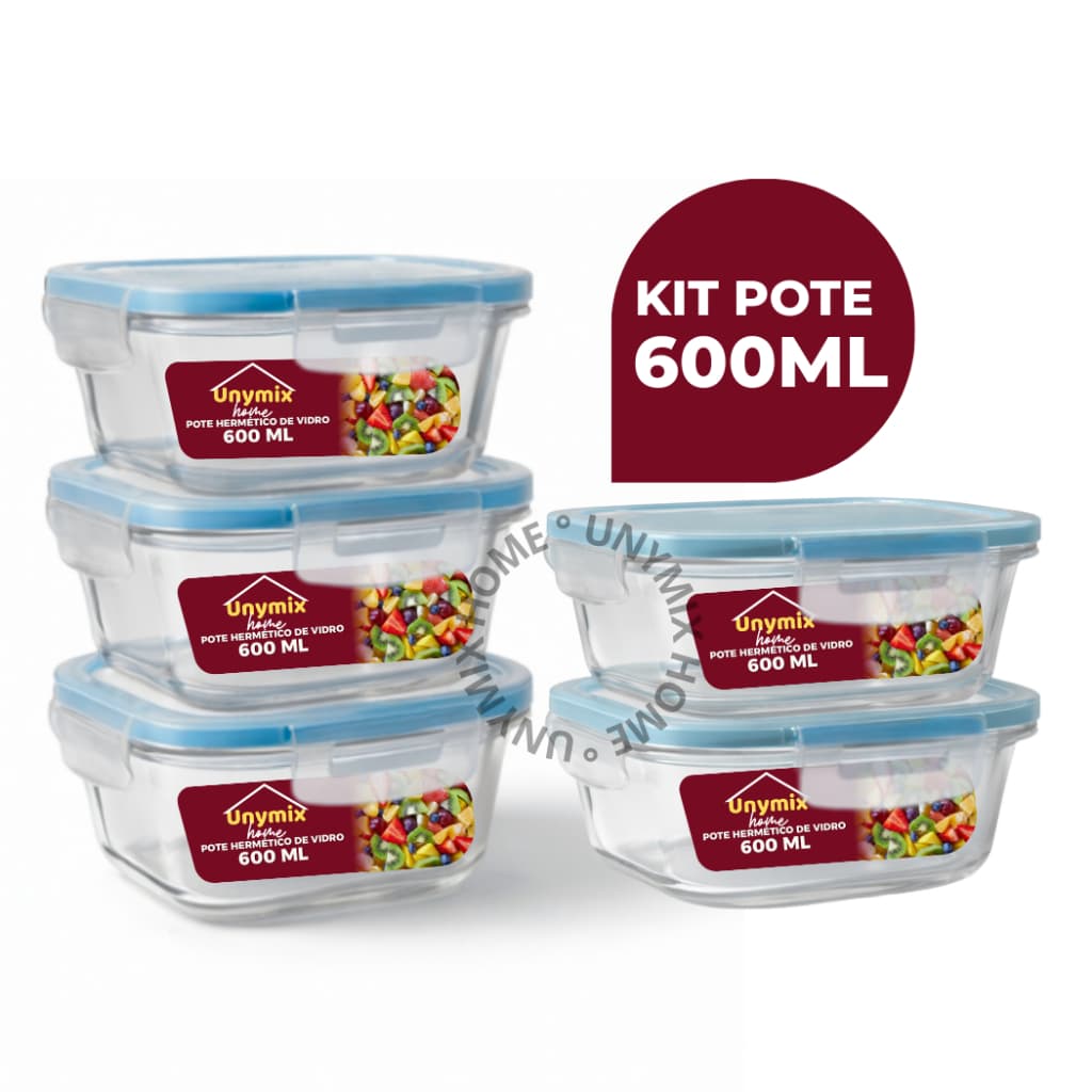 Kit 5 ou 10 Potes Vidro Hermético 600ml Quadrado Premium Marmita Fitness