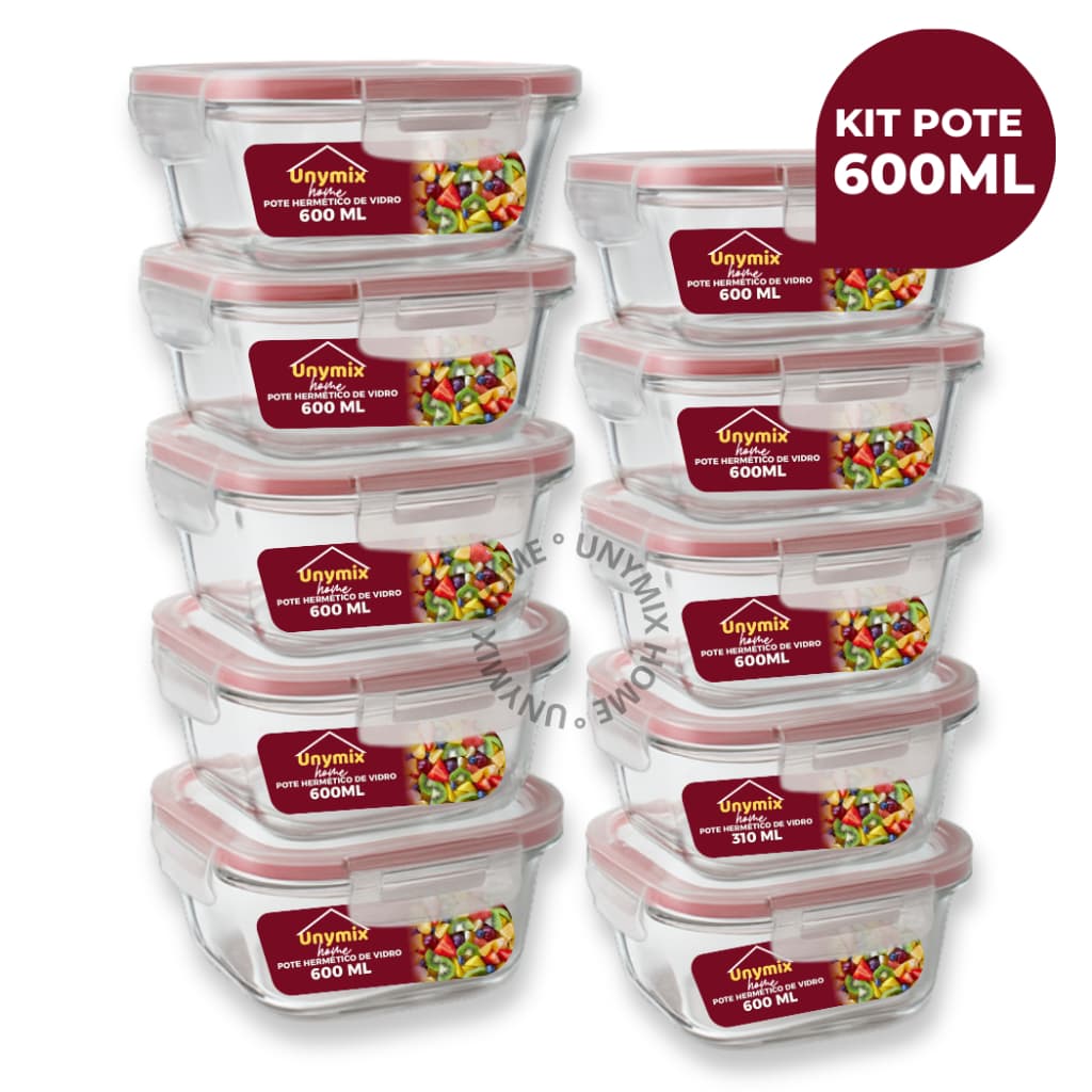 Kit 10 ou 5 Potes Vidro Hermético 600ml Quadrado Premium Marmita Fitness