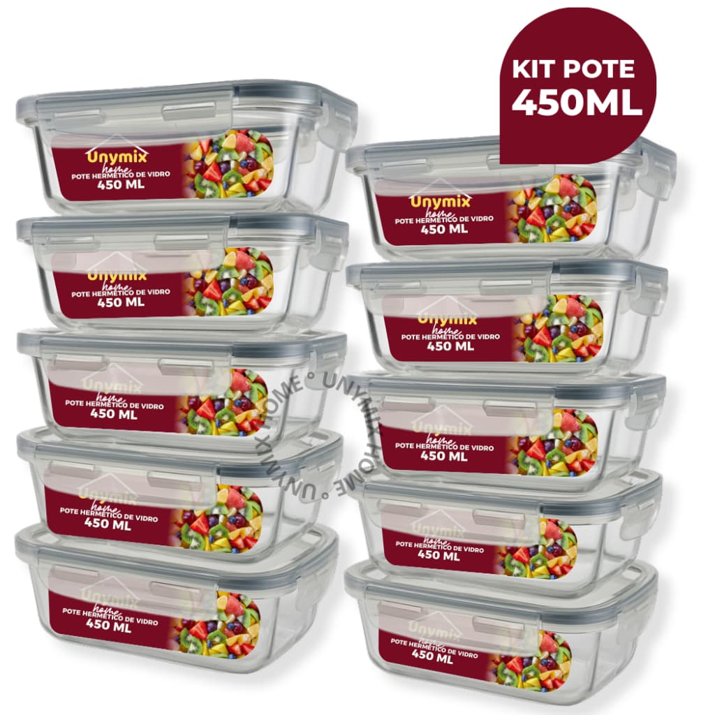Kit 10 ou 5 Potes Vidro Hermético 450ml Retangular Premium Trava com Tampa