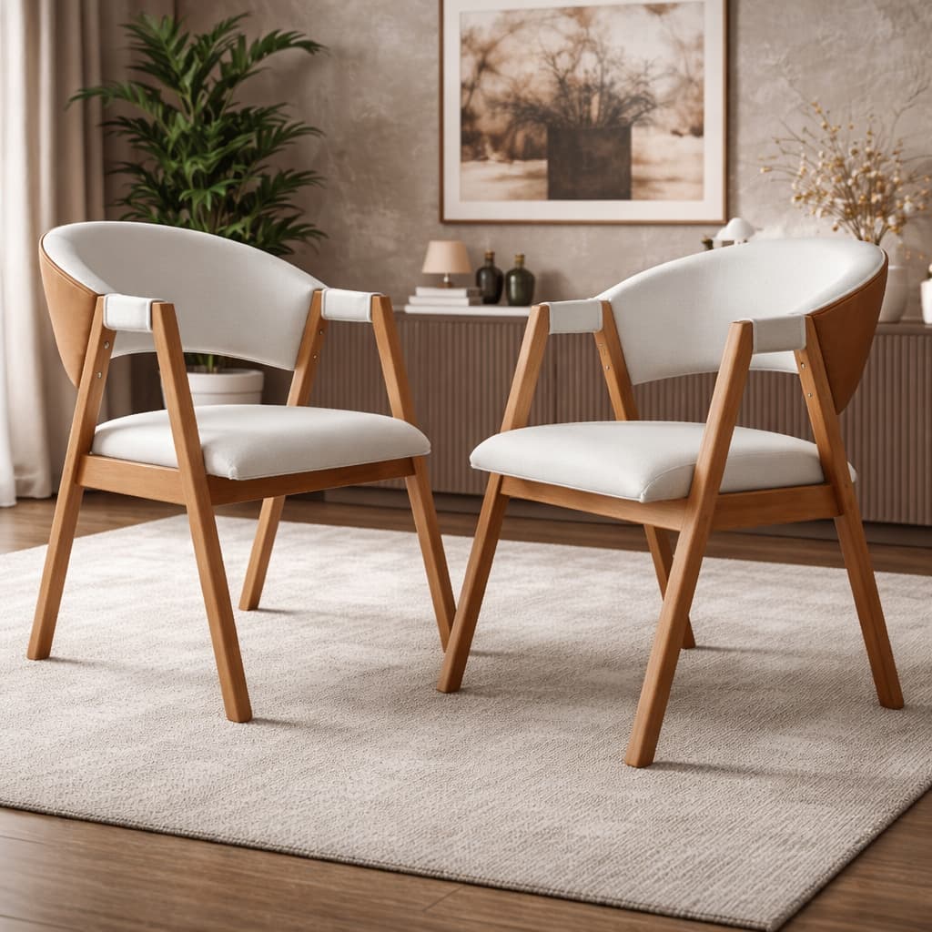 2 Cadeiras Estofadas Poltronas Sala Jantar Recepção Elegante Resistente Decorativa Cores Bege/Cinza Linho & Durango