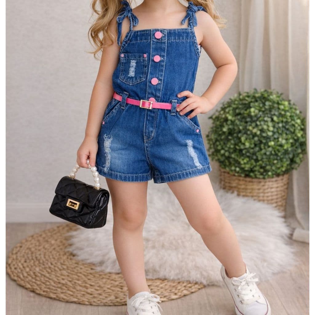 Jardineira Jeans Molinho com Cintinho 02 ao 10  anos Meninas