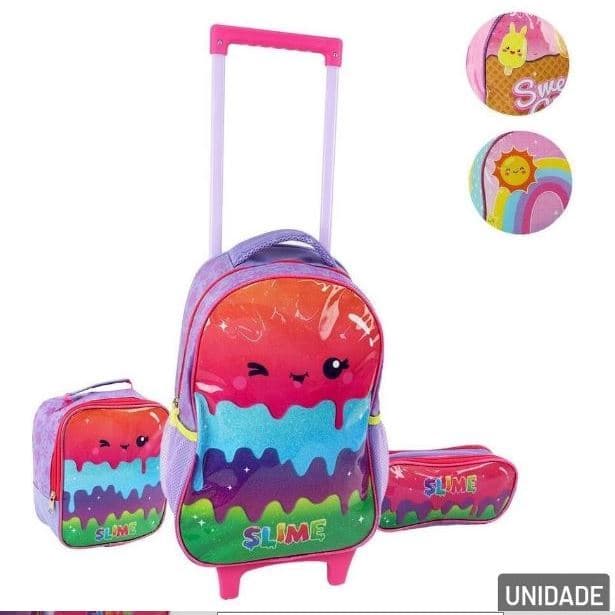 mochila de rodinha,kit com 3,tema de slime rosa,azul,lilás e verde KIT LANCHEIRA,ESTOJO,E MOCHILA