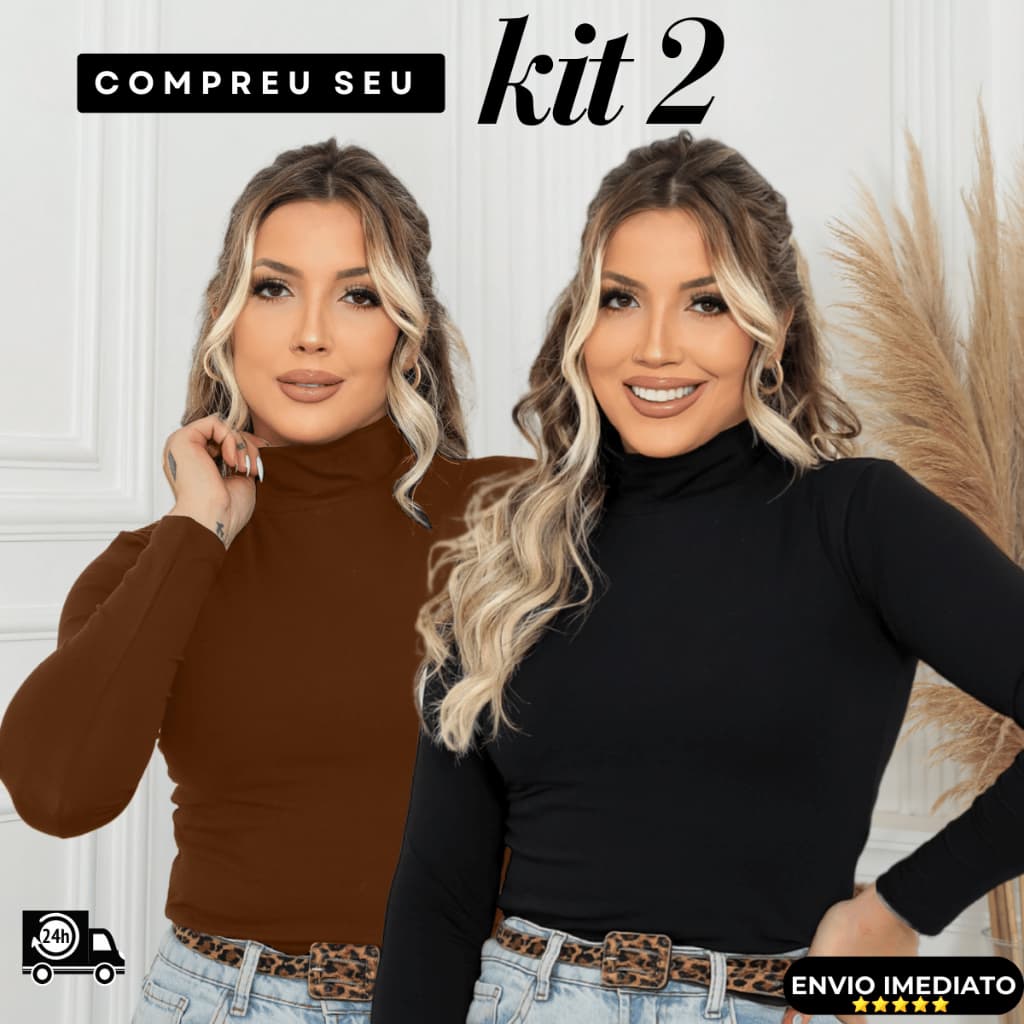 Kit 2 Blusas Feminina Cacharrel Gola Alta Segunda Pele Manga Longa