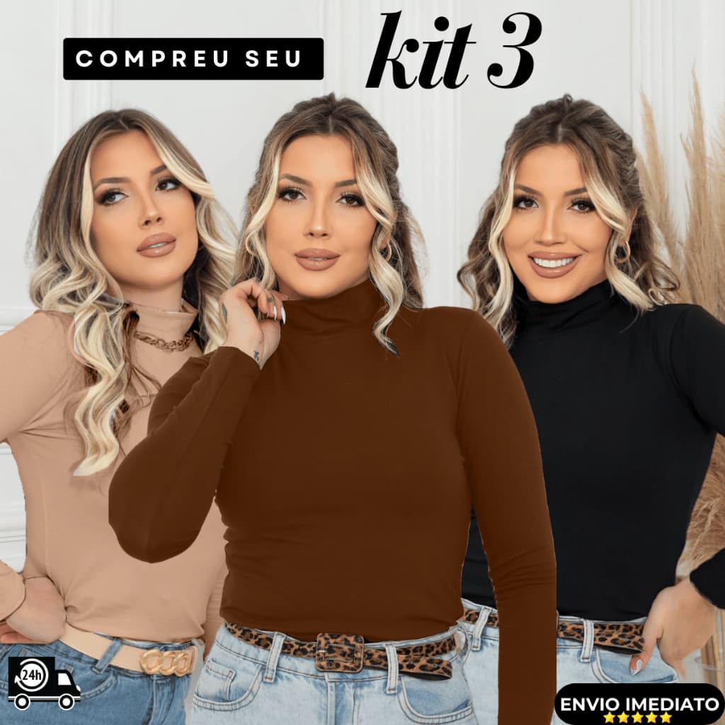 Kit 3 Blusas Femininas Cacharrel Manga Longa Gola Alta Tendência