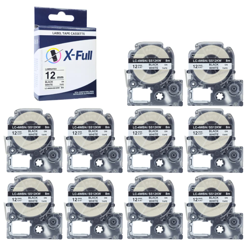 10 Fita Compatível LC-4WBN LC4WBN SS12KW 12mm 8m Para Rotuladora Preto No Branco LW-600P LW-700 LW-900P LW-1000P X-full