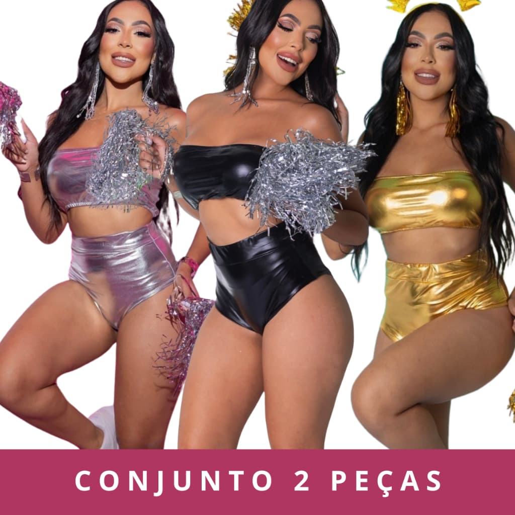 Kit 2 Peças Conjunto Top Faixa com Bojo Short Hot Pant Metalizado Brilhante Bloquinho Carnaval Top